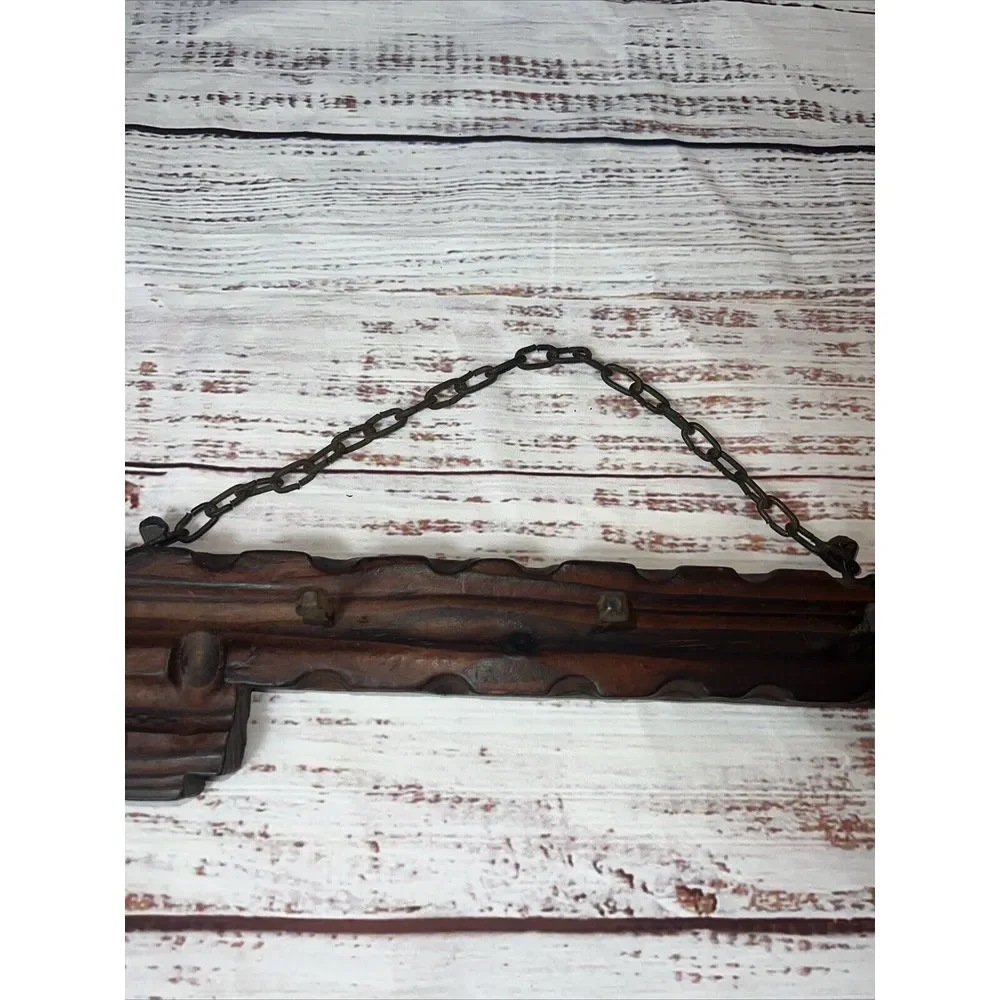 Rare‎ Vintage Hand Made Brown Wood Key Rack Wooden Primitive Chain Iron Hanging
